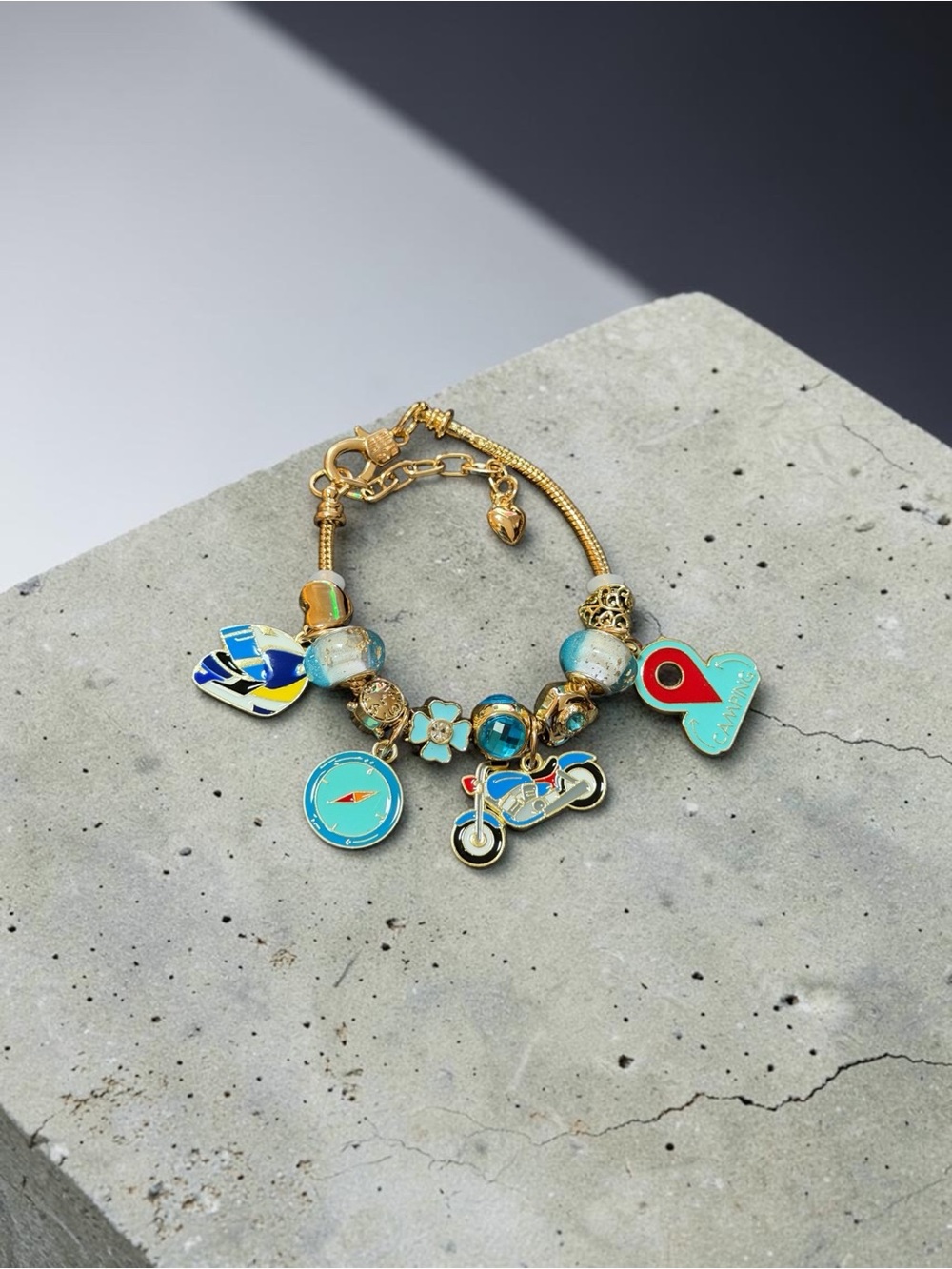 Gold-Tone Charm Bracelet with Turquoise & Blue Enamel Accents